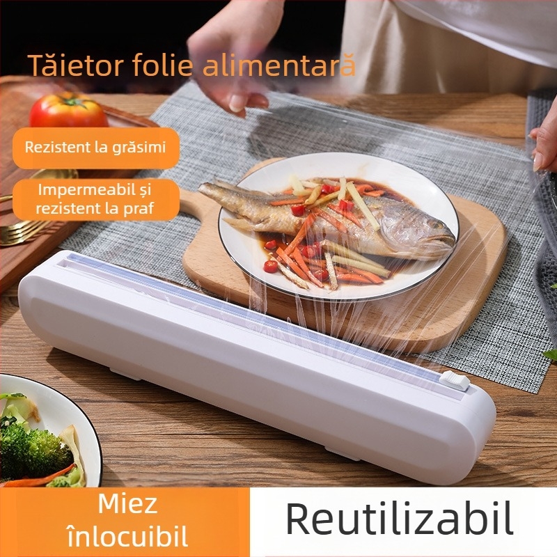 Tăietor pentru folie alimentară cu ventuză și cutie reglabilă de depozitare — instrument creativ de bucătărie