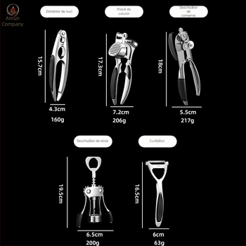 Set de bucătărie din cinci piese: deschizător de sticle, curățător de legume, zdrobitor de nuci, presă de usturoi și instrument multifuncțional premium