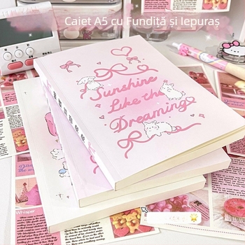 Notebook A5 cu inimă feminină, fundă și iepuraș – pagini albe, stil Instagram, gros, jurnal DIY pentru elevi