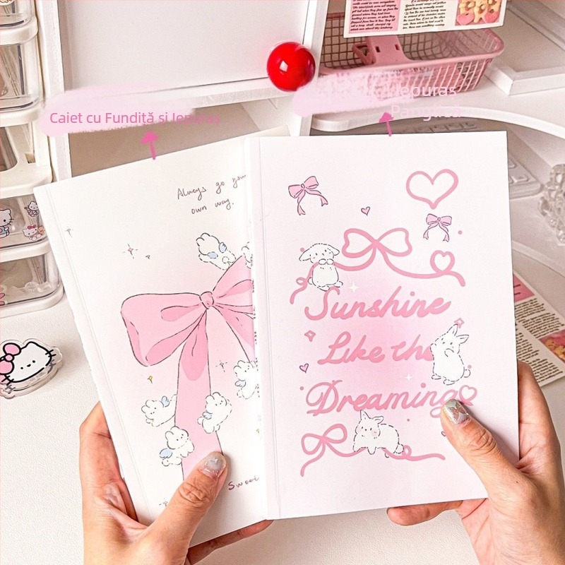 Notebook A5 cu inimă feminină, fundă și iepuraș – pagini albe, stil Instagram, gros, jurnal DIY pentru elevi