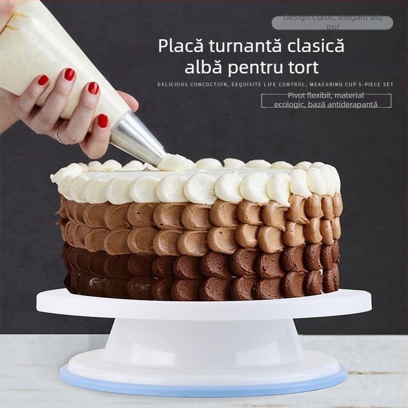Tavă rotativă din plastic pentru decorarea torturilor, cu margine antiderapantă
