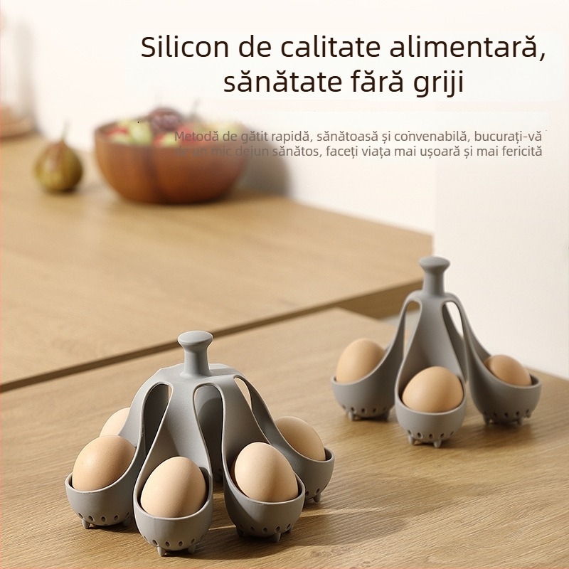 Gătitor de ouă din silicon pentru ouă fierte – Rezistent la temperaturi înalte, set casnic cu forme pentru ouă, suport și tavă de depozitare