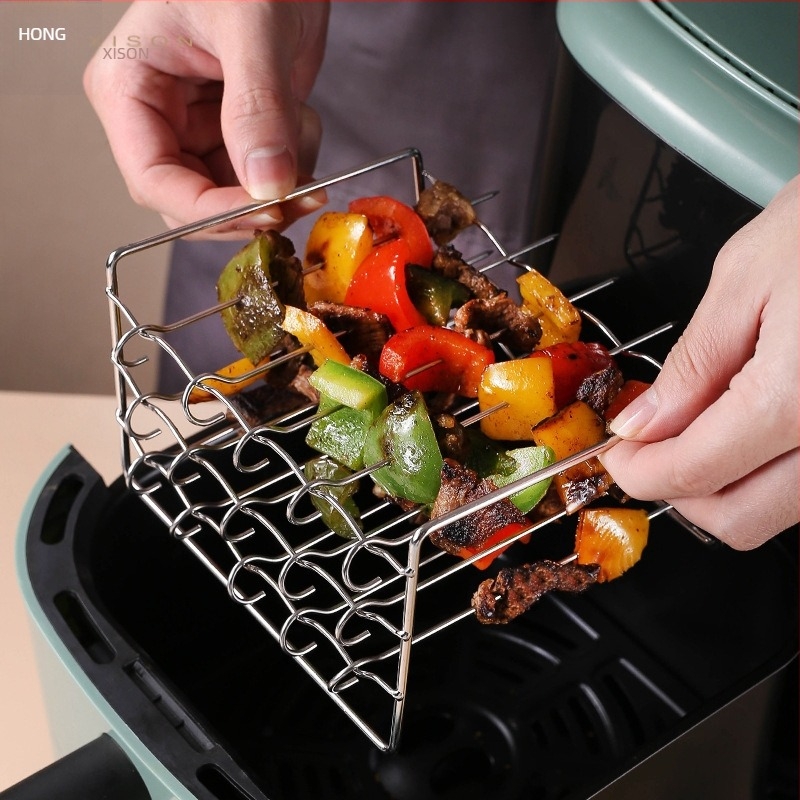 Grilă pentru air fryer din oțel inoxidabil 304, suport pătrat pentru frigărui, grătar de cuptor, suport de uscare în trei niveluri, accesorii pentru friteuză