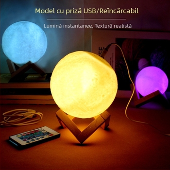 Lampă lună USB, în formă de planetă, iluminare multicoloră — control prin atingere, lampă de noapte pentru noptieră