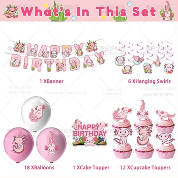 Tema salamandră – Decor de ziua de naștere cu animale drăguțe: set baloane din latex, decorațiuni pentru tort și stegulețe pentru petrecere