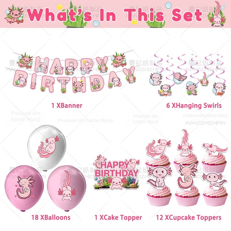 Tema salamandră – Decor de ziua de naștere cu animale drăguțe: set baloane din latex, decorațiuni pentru tort și stegulețe pentru petrecere