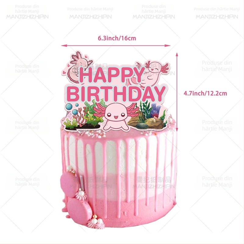 Tema salamandră – Decor de ziua de naștere cu animale drăguțe: set baloane din latex, decorațiuni pentru tort și stegulețe pentru petrecere