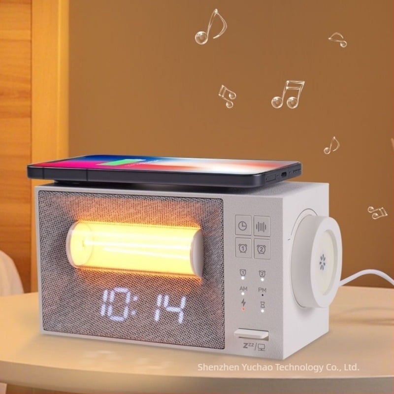 Ceas de noptiere multifuncțional cu încărcare wireless, zgomot alb, alarmă, lumină de trezire, temporizator și lumină ambientală liniștitoare