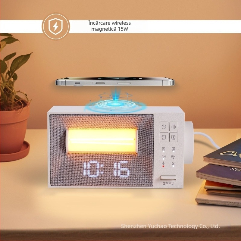 Ceas de noptiere multifuncțional cu încărcare wireless, zgomot alb, alarmă, lumină de trezire, temporizator și lumină ambientală liniștitoare