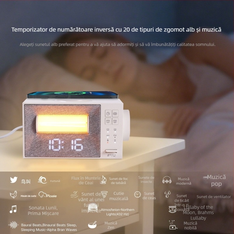 Ceas de noptiere multifuncțional cu încărcare wireless, zgomot alb, alarmă, lumină de trezire, temporizator și lumină ambientală liniștitoare
