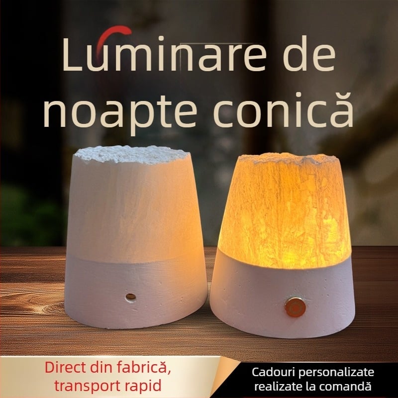 Lampa de noapte conică din gips natural, semi-transparentă, reîncărcabilă, decor, prietenoasă cu ochii, ambianță elegantă în dormitor