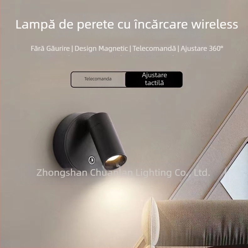 Lampă de perete magnetică lângă pat cu încărcare USB – lumină pentru lectură, protecție a ochilor, stil modern minimalist, fără cabluri