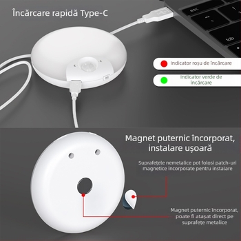 Lampa de noapte LED fără fir cu senzor de mișcare, pentru lângă pat, baie, hol și dulap, compactă și reîncărcabilă