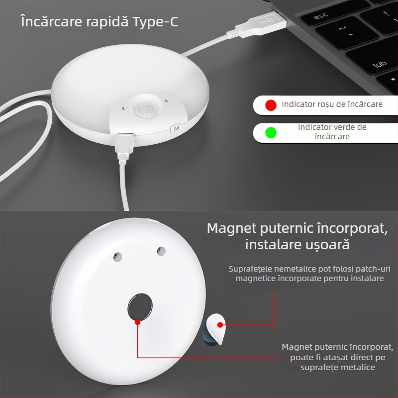 Lampa de noapte LED fără fir cu senzor de mișcare, pentru lângă pat, baie, hol și dulap, compactă și reîncărcabilă