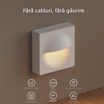 Lampă de perete fără cablu cu senzor de mișcare, baterie încorporată, abajur din PVC, dimensiuni compacte 8,4×8,4×3,6 cm, pentru holuri și scări.
