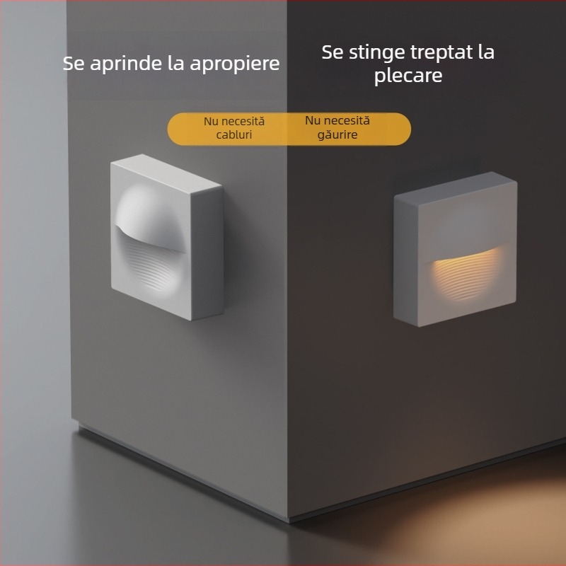 Lampă de perete fără cablu cu senzor de mișcare, baterie încorporată, abajur din PVC, dimensiuni compacte 8,4×8,4×3,6 cm, pentru holuri și scări.
