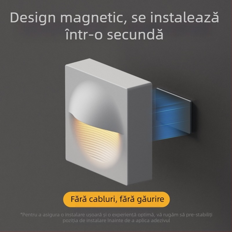Lampă de perete fără cablu cu senzor de mișcare, baterie încorporată, abajur din PVC, dimensiuni compacte 8,4×8,4×3,6 cm, pentru holuri și scări.