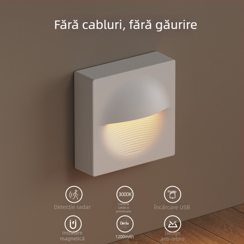 Lampă de perete fără cablu cu senzor de mișcare, baterie încorporată, abajur din PVC, dimensiuni compacte 8,4×8,4×3,6 cm, pentru holuri și scări.