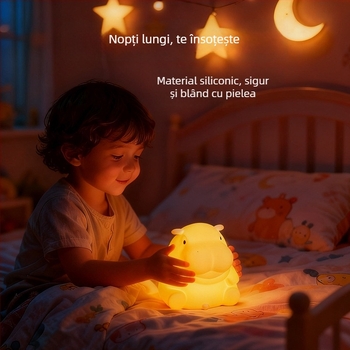 Lampă de noapte reîncărcabilă în formă de hipopotam, iluminare ambientală, decor pentru noptieră, lumină moale reglabilă în trei trepte, cadou din silicon
