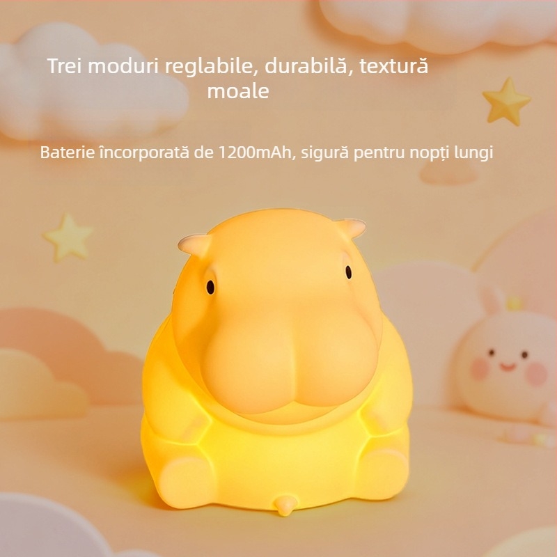 Lampă de noapte reîncărcabilă în formă de hipopotam, iluminare ambientală, decor pentru noptieră, lumină moale reglabilă în trei trepte, cadou din silicon