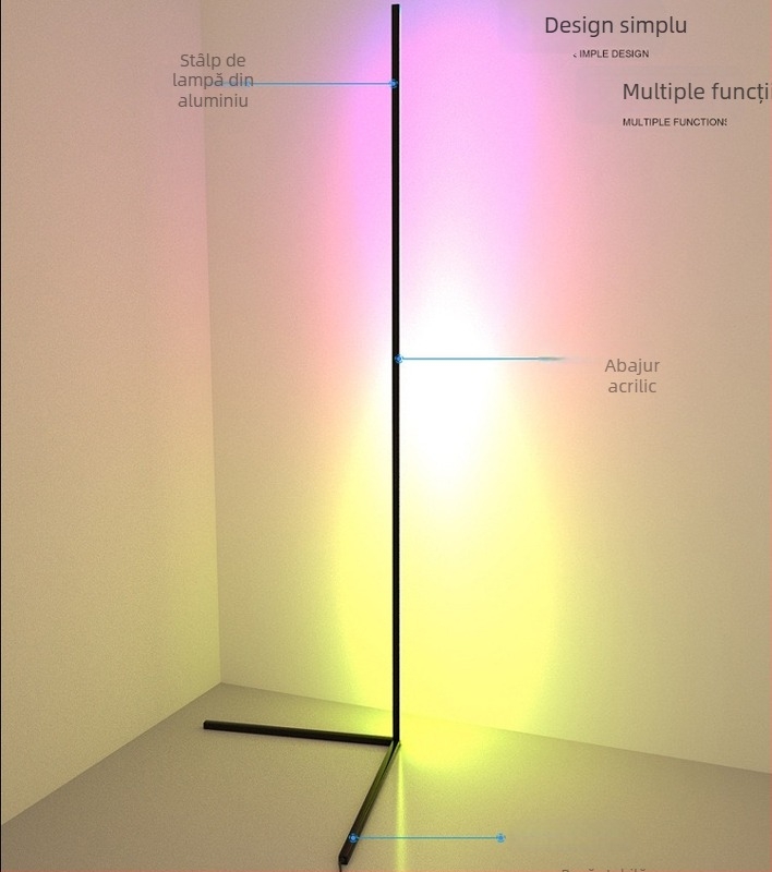 Lampă LED de colț, verticală, cu unghi drept, RGB, reglare prin telecomandă; lampă decorativă modernă pentru dormitor, living sau decor hotelier.