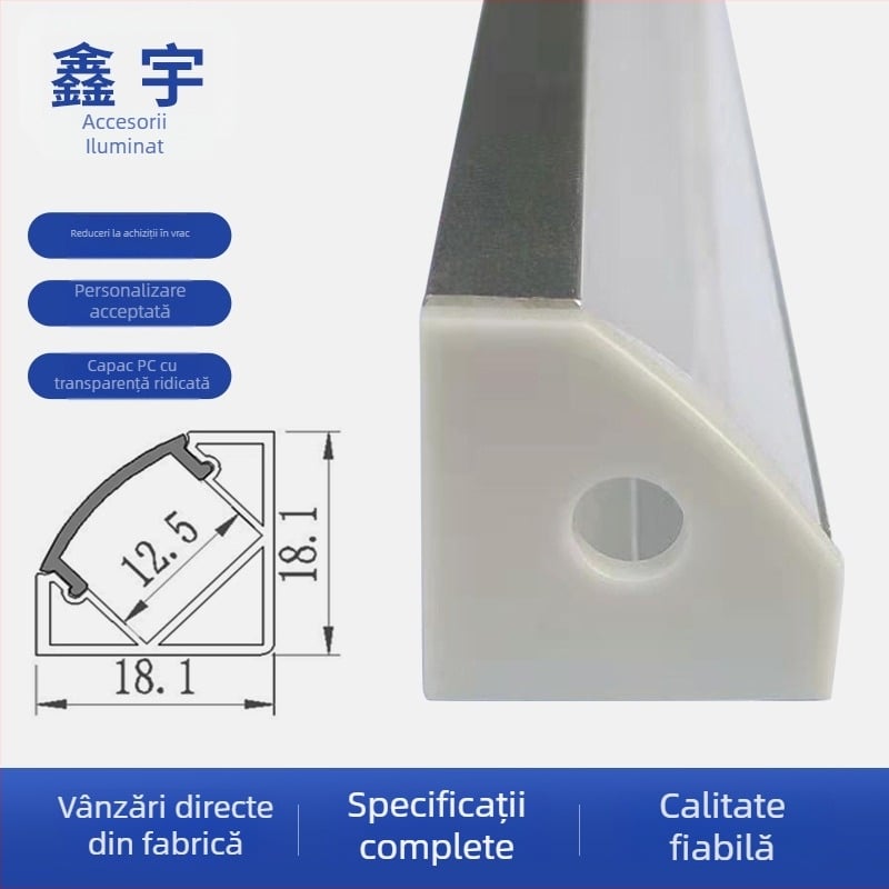 Carcasă pentru bandă LED cu canal din aluminiu, colț în formă de V și capac PC transparent, pentru iluminare în mobilier