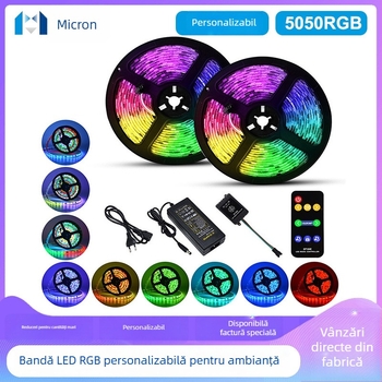 Bandă LED RGB5050 programabilă pentru iluminare ambientală în colț, seturi de 5m sau 10m, IP65, telecomandă și controler muzical incluse, 12V, 72W