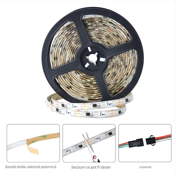 Bandă LED RGB5050 programabilă pentru iluminare ambientală în colț, seturi de 5m sau 10m, IP65, telecomandă și controler muzical incluse, 12V, 72W