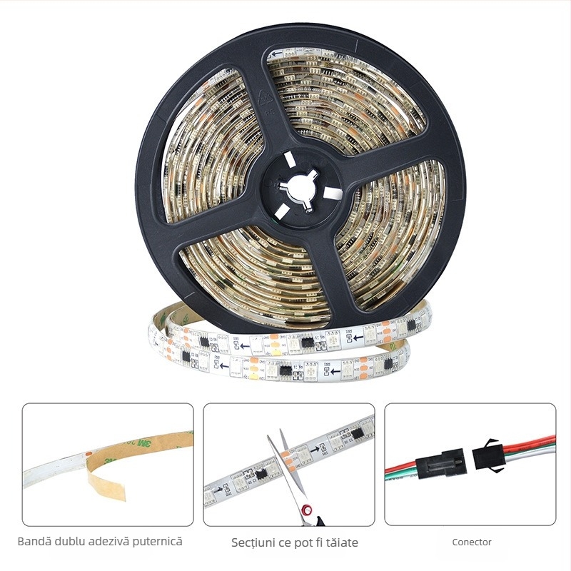 Bandă LED RGB5050 programabilă pentru iluminare ambientală în colț, seturi de 5m sau 10m, IP65, telecomandă și controler muzical incluse, 12V, 72W