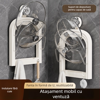 Raft pentru capace de oale și tocătoare, montat pe perete, fără găuri, cu ventuză, drenaj detașabil pentru bucătărie