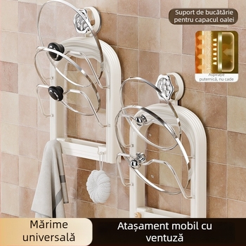 Raft pentru capace de oale și tocătoare, montat pe perete, fără găuri, cu ventuză, drenaj detașabil pentru bucătărie