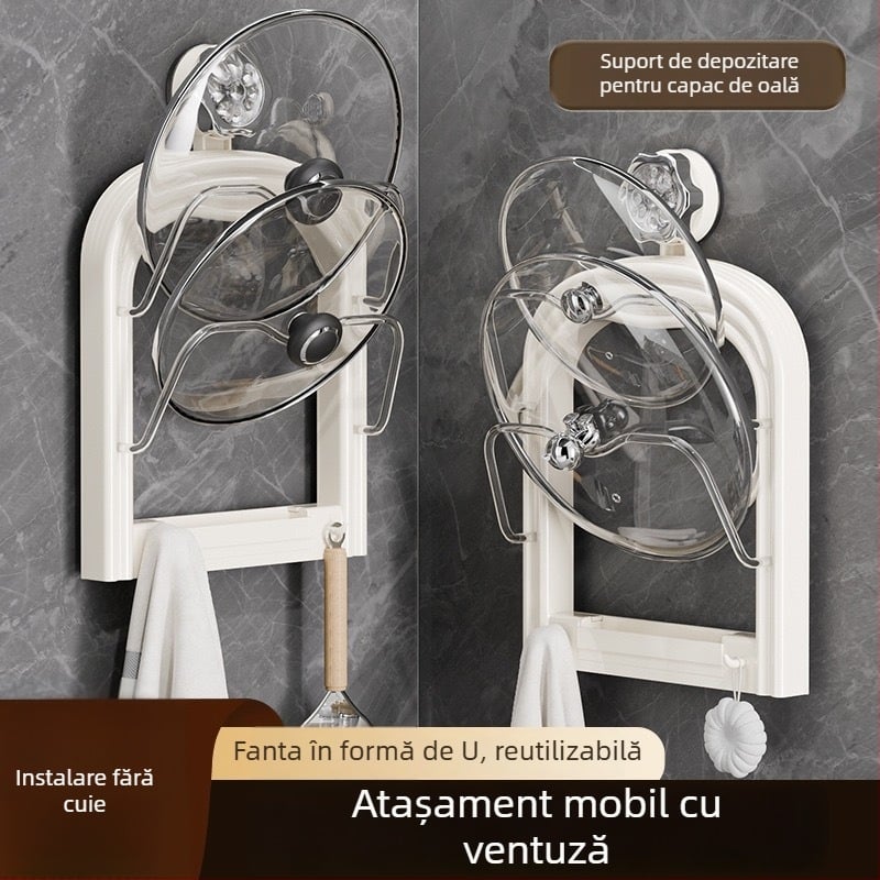 Raft pentru capace de oale și tocătoare, montat pe perete, fără găuri, cu ventuză, drenaj detașabil pentru bucătărie