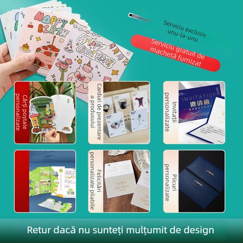 Serviciu de personalizare a cardurilor: carduri poștale, felicitări, invitații, plicuri, carduri pliabile în formă specială cu ștampilă aurie, imprimare carduri PVC