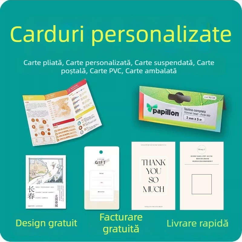 Serviciu de personalizare a cardurilor: carduri poștale, felicitări, invitații, plicuri, carduri pliabile în formă specială cu ștampilă aurie, imprimare carduri PVC