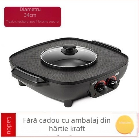 Oală electrică multifuncțională cu grill încorporat, capacitate 4–5 L, control dublu al temperaturii, Shabu-Shabu și Teppanyaki