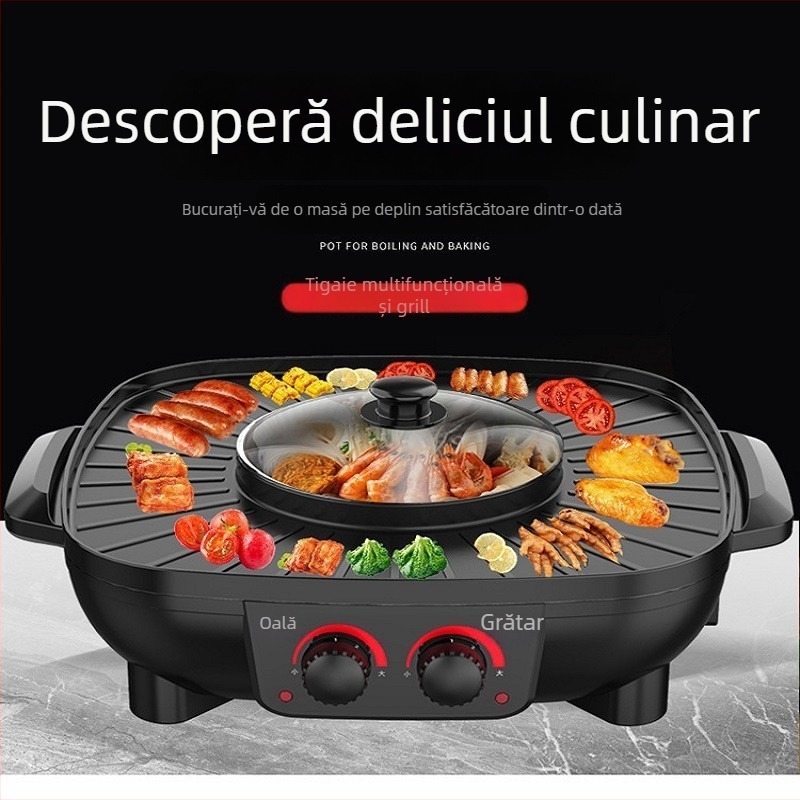 Oală electrică multifuncțională cu grill încorporat, capacitate 4–5 L, control dublu al temperaturii, Shabu-Shabu și Teppanyaki