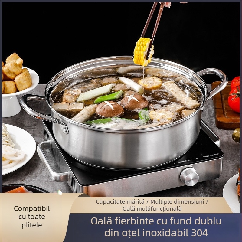 Oală hot pot din oțel inoxidabil 304, supă clară, stil Shabu-Shabu, antiaderent, fund triplu, compatibil cu inducția, 6.1-10 L