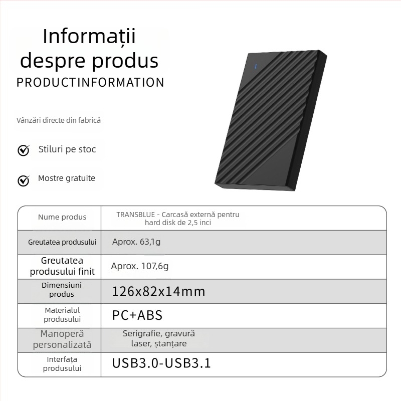 Carcasă externă SATA pentru hard disk de 2,5 inch USB 3.1