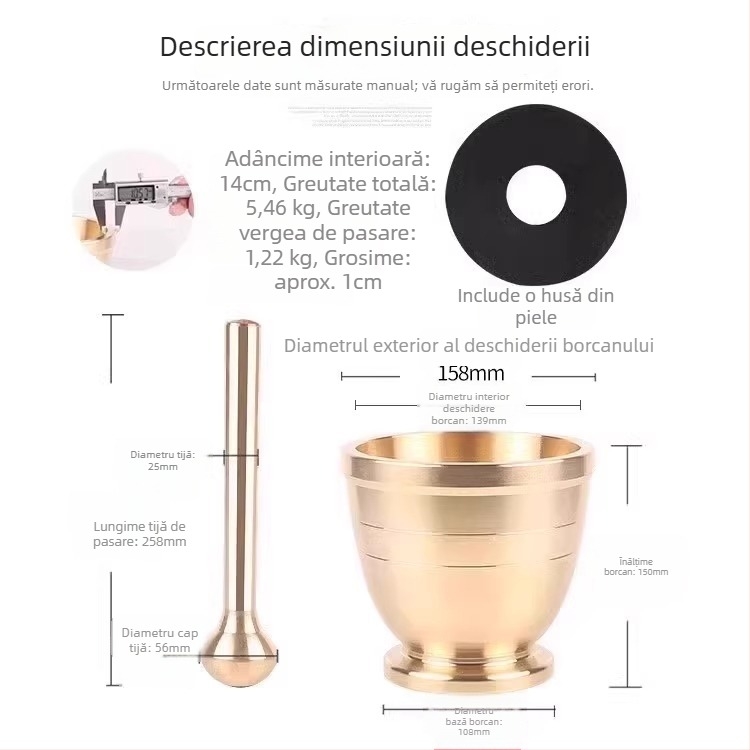 Mojar și pistil masiv din alamă, presă pentru usturoi și curățător de usturoi; râșniță multifuncțională pentru plante și usturoi