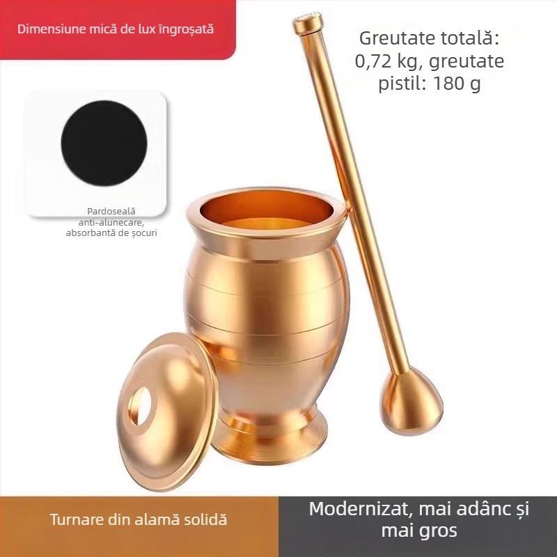 Mojar și pistil masiv din alamă, presă pentru usturoi și curățător de usturoi; râșniță multifuncțională pentru plante și usturoi