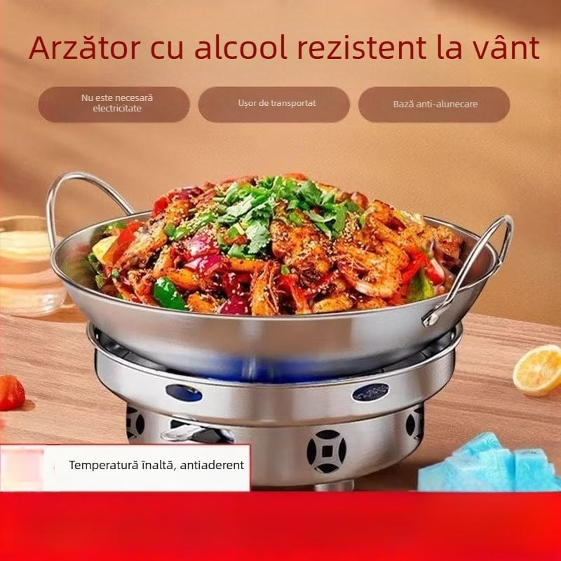 Aragaz de alcool din oțel inoxidabil îngroșat, cu oală mică – set portabil pentru cămin și uz casnic, compatibil cu combustibil solid și lichid