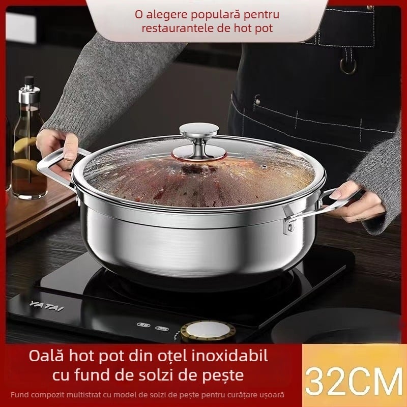 Oală de supă din oțel inoxidabil extra gros, antiaderentă, cu fund cu model de solzi de pește, versatilă pentru bucătărie casnică și comercială, compatibilă cu plitele cu inducție.