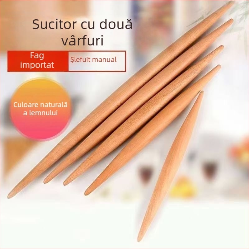 Rulou din lemn de fag, cu două capete ascuțite, design subțire cu două tije, potrivit pentru foi de aluat pentru gyoza, utilizare casnică