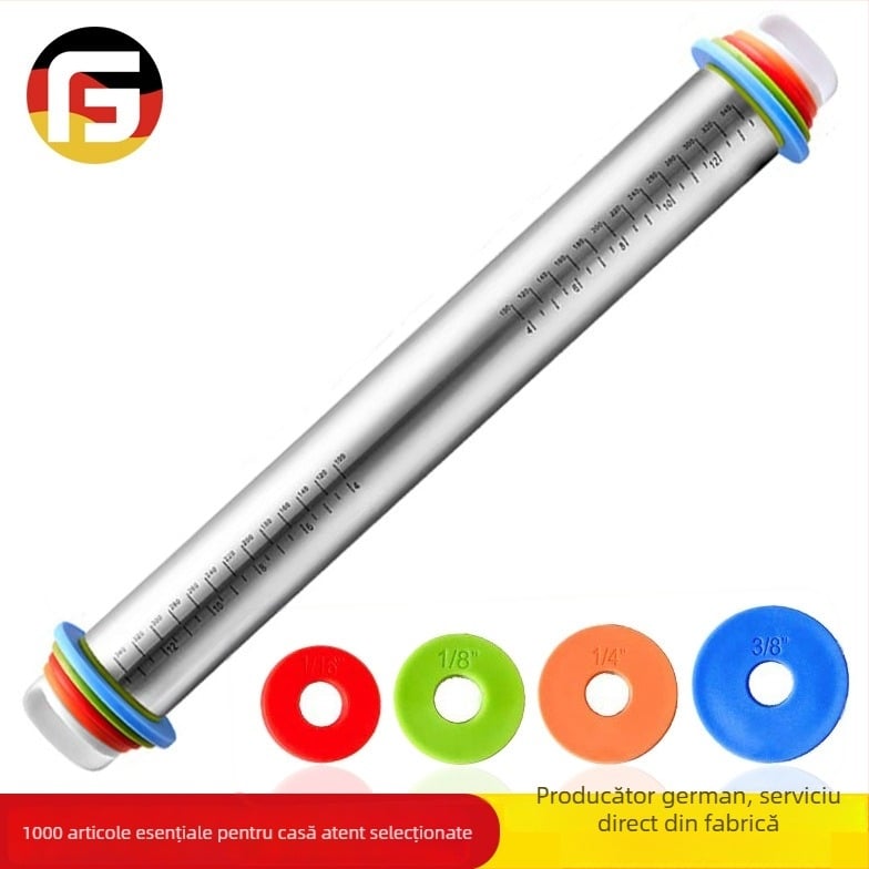 Rulou din oțel inoxidabil reglabil, 17 inch, cu scară de grosime pentru frământat aluat
