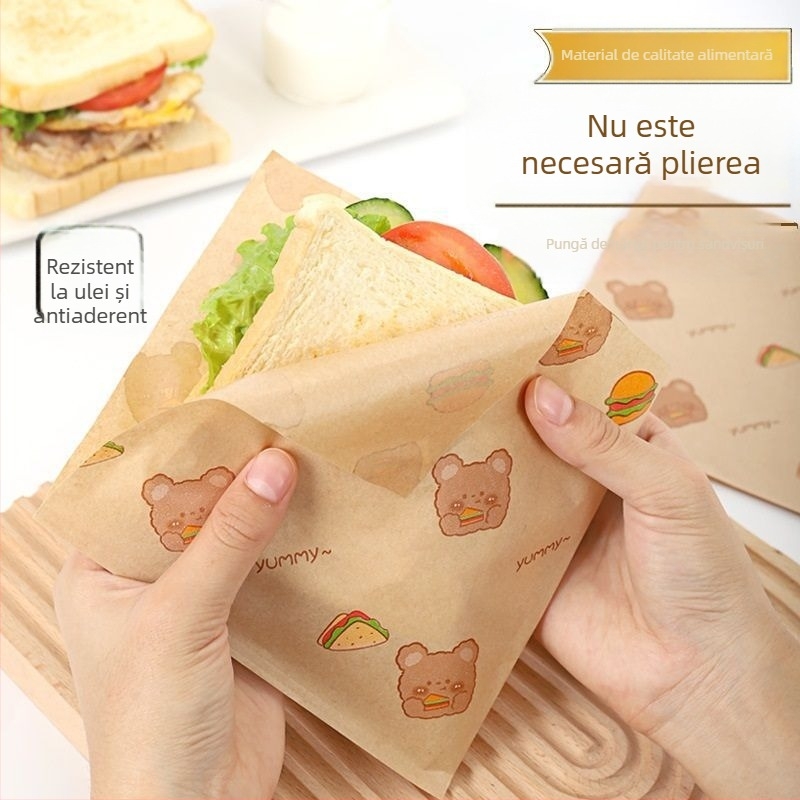Pungă de hârtie pentru ambalarea sandvișurilor de camping, de calitate alimentară, rezistentă la ulei și apă, pentru uz casnic, burgeri, coacere și toast.