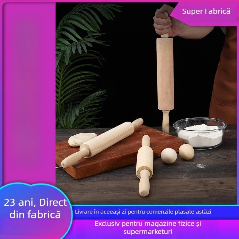 Rolă de aluat din lemn masiv, gravată, pentru aluat, găluște și produse de patiserie