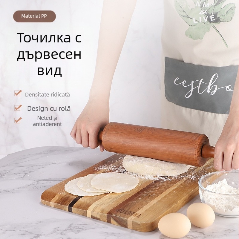 Rulou de aluat cu aspect lemnos, rolă din plastic antiaderent, unelte moderne de bucătărie minimalist pentru coacere