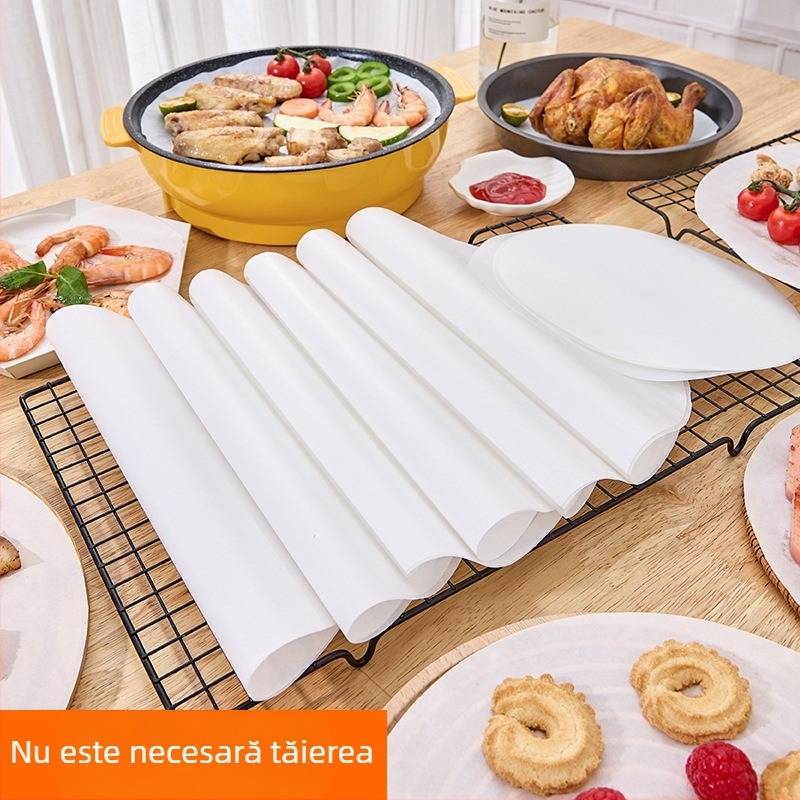 Hârtie de copt circulară, cu strat de silicon pe ambele fețe, rezistentă la temperaturi înalte, pentru air fryer, absorbantă de ulei, hârtie pentru grătar