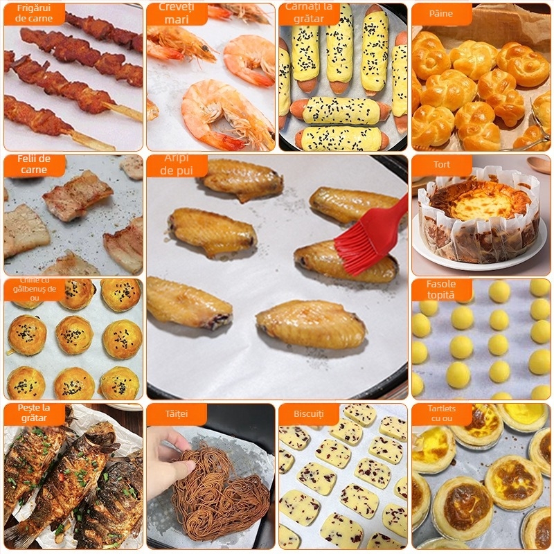 Hârtie de copt circulară, cu strat de silicon pe ambele fețe, rezistentă la temperaturi înalte, pentru air fryer, absorbantă de ulei, hârtie pentru grătar