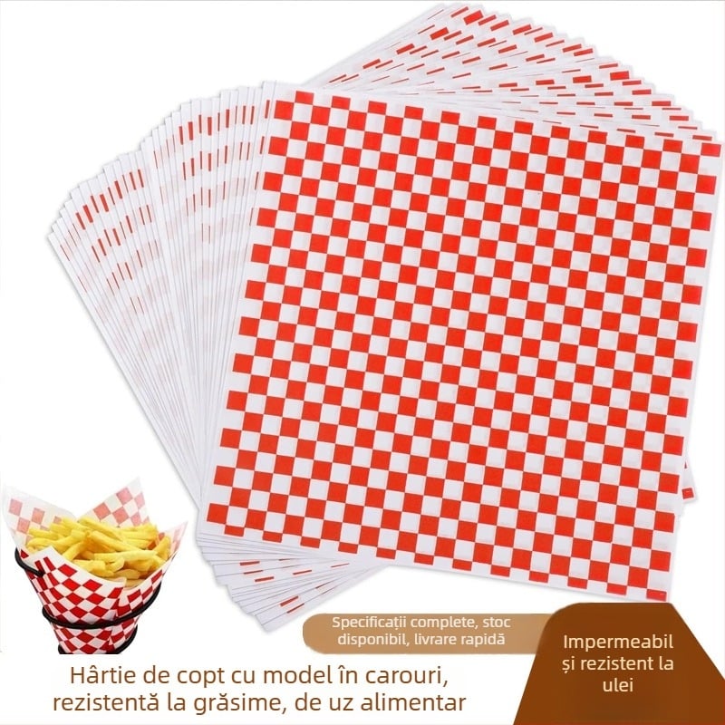 Hârtie antiulei cu model pătrățos roșu pentru coacere, hârtie alimentară, 100 sau 500 foi